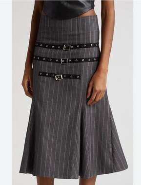 Miaou Dark Gray Pinstripe Gaudi Midi Skirt with Buckle Details